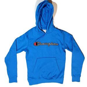 Champion Hoodie S Mens Blue Powerblend Sweatshirt Pullover Front Logo